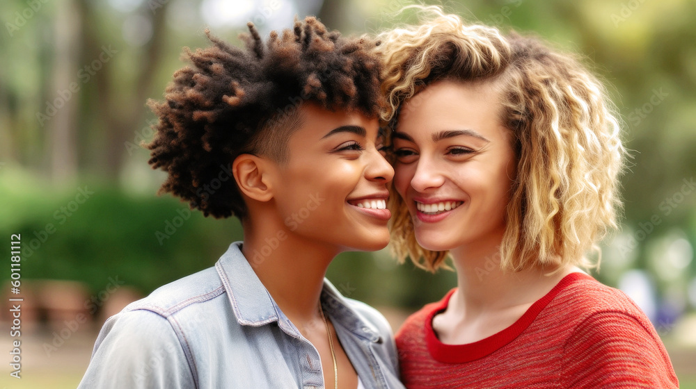 LGBTQ+ community Sunlit moment captures young, diverse gay women, tenderly embracing. Love radiates, intertwining their souls, a heartfelt portrait etched in time. Generative AI LGBTQ+ community Sunlit moment captures young, diverse gay women, tenderly embracing. Love radiates, intertwining their souls, a heartfelt portrait etched in time. Generative AI