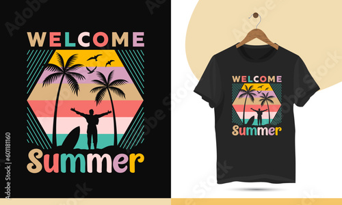 Welcome Summer - Beach party retro-style t-shirt design template. Summer sunset design on black background. Vector graphics for shirts, mugs, and other print items.