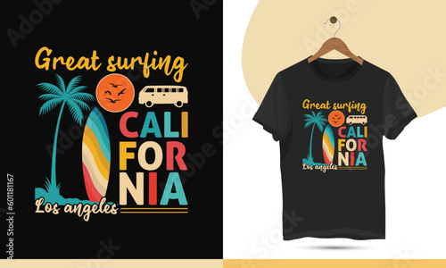 Summer California beach t-shirt design template.  high-quality design with a Sun, palm tree, Surfboard, and bus Vector illustration for print on the shirt.