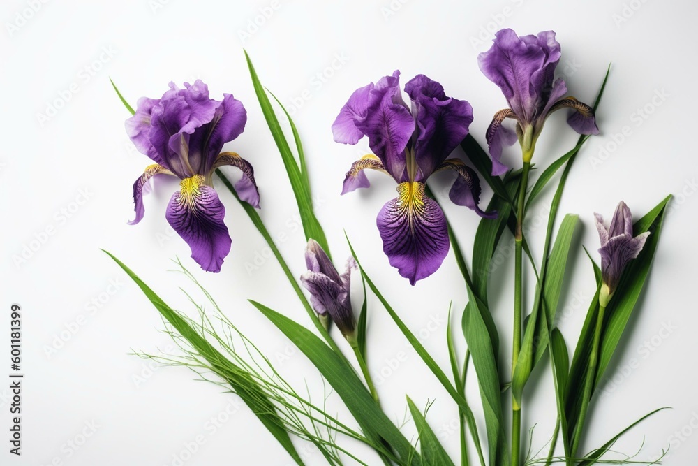 Tall iris flowers with leaves arranged as a flat lay on a white background. Ample copy space available. Generative AI
