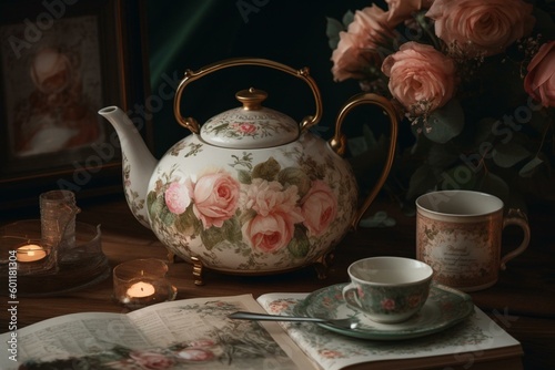 A watercolor kettle adorned with roses creates a charming tea time greeting card. Generative AI