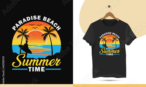 Paradise Beach Summertime t-shirt design template. Simple design for the summer with a Sea, sun, bird, Palm tree, and Surfboard silhouette.