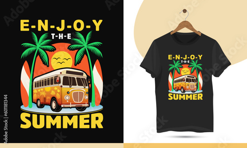 Enjoy the Summer Time - beach travel t-shirt design vector template. Graphic illustration with a bus, Palm tree, surfboard, and sunrise theme. it can be used for kid's shirts and other print items.
