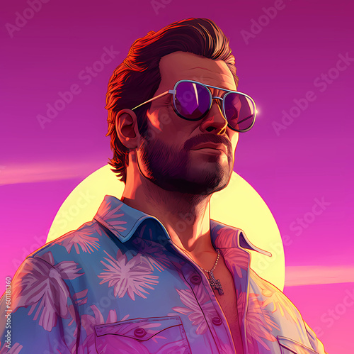 Grand Theft Auto vice city styl 8k male character with sunglasses and Hawaiian shirt with 80s vapour sunset style