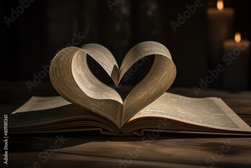 Heart-shaped book pages: reading, religion, love. Generative AI