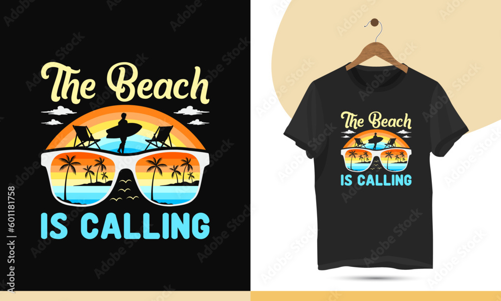 The Beach is Calling T-shirt Design vector template with sunglass, palm tree, cloud, surfboard, and bird silhouette. The Beach is Calling T-shirt Design vector template with sunglass, palm tree, cloud, surfboard, and bird silhouette.