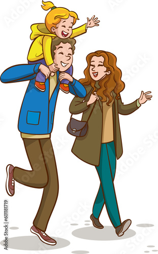 Big loving happy family with kids walking together having fun spending time happily