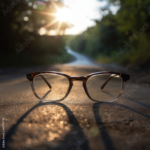 glasses on a road with lights and green trees in the background with Generative AI