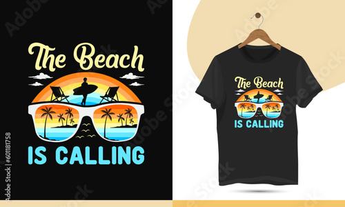 The Beach is Calling T-shirt Design vector template with sunglass, palm tree, cloud, surfboard, and bird silhouette.