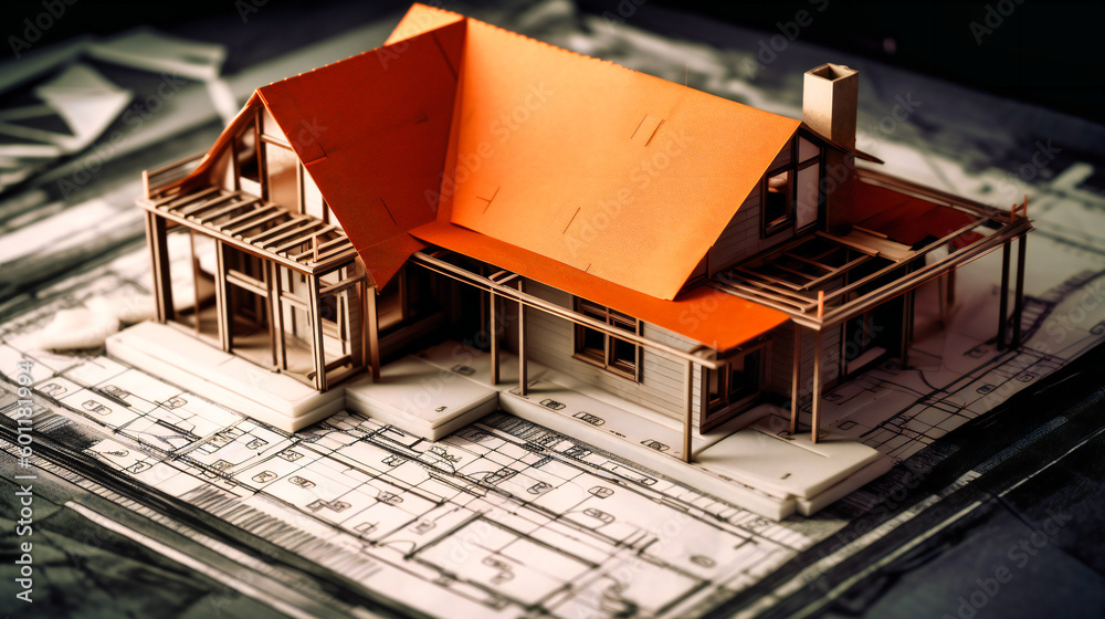 A model of a house and blueprints A model of a house and blueprints