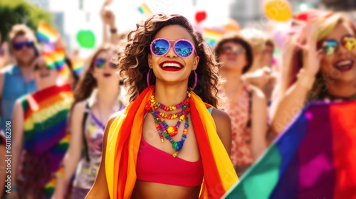 Pride June. Amidst rainbow hues, a LGBTQ+ girl beams with joy, united with others in vibrant pride, celebrating individuality and love at a colorful event. Generative AI