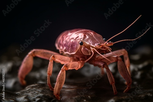 A small, pink crustacean with a curved body and long feelers. Generative AI © Indigo