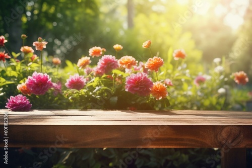 Blooming flowers on wooden table in green garden with bokeh and flare effect. 4k resolution. Nature. Generative AI