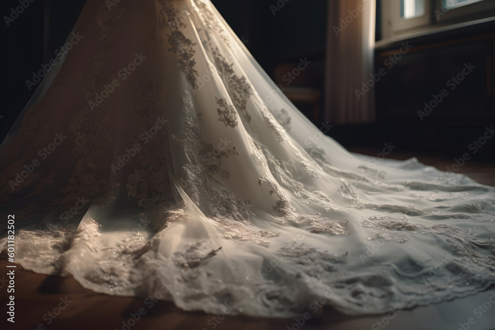 Stunning wedding dress for the modern bride. Ivory lace and tulle design with intricate beading and a long train. Perfect for bridal fashion and wedding planning designs. Generative AI Stunning wedding dress for the modern bride. Ivory lace and tulle design with intricate beading and a long train. Perfect for bridal fashion and wedding planning designs. Generative AI
