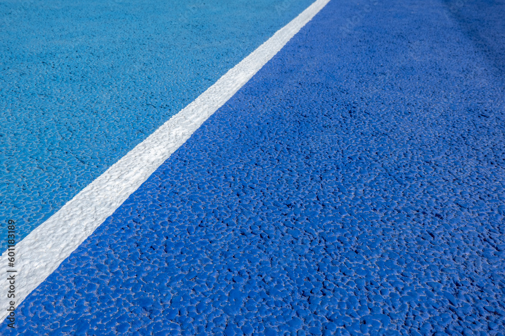 Sport field court background. Blue rubberized and granulated ground surface with white lines on ground. Top view