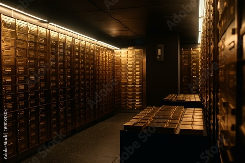 Stacks of gold bars & deposit boxes in bank vault. Generative AI