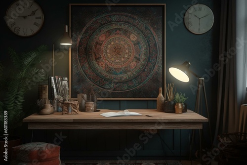 Bohemian-style poster mockup displayed in a home office with a 3D rendered effect. Generative AI