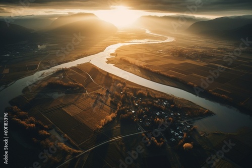 A picture of a sunrise aerial view of Fraser River and farms near Chilliwack city in British Columbia, Canada. Generative AI