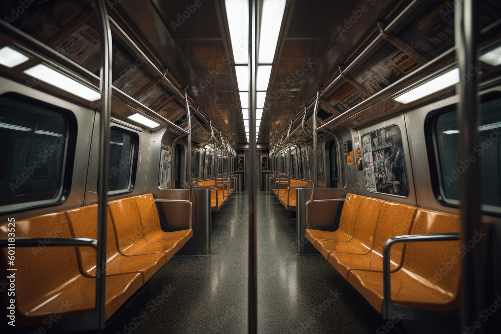 Empty subway train wagon interior. Public transport in city. Inside view of metropolitan wagon. Created with Generative AI