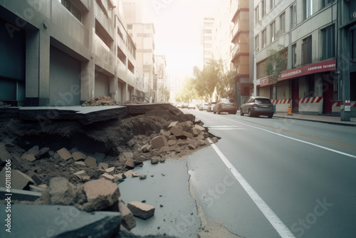 City street with destructed asphalt road after disaster. Damaged urban infrastructure after the earthquake. Created with Generative AI
