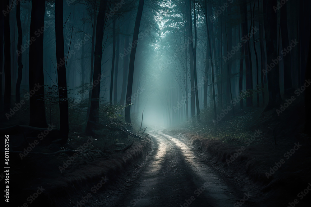 Mystical forest landscape with trees silhouettes in dark. Path in magical dreamy forest. Created with Generative AI