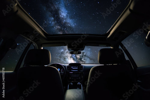 Car interior with galaxy and nebula background  first person view. Vehicle in space for futuristic travel. Creative spaceship. Created with Generative AI