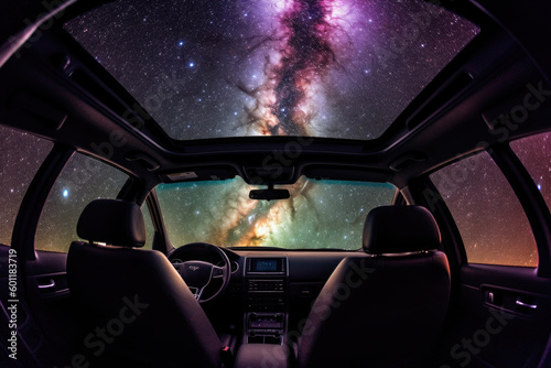 Car interior with galaxy and nebula background, first person view. Vehicle in space for futuristic travel. Creative spaceship. Created with Generative AI © Lazy_Bear