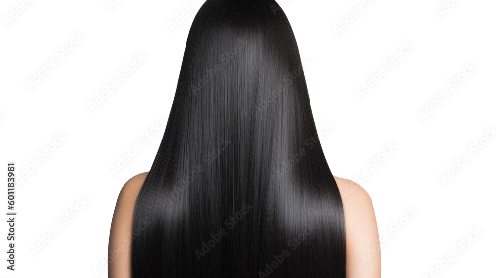 Fototapeta premium Back View of Woman with Beautiful Shiny Straight Keratin Black Hair. AI generative. Isolated on White Background