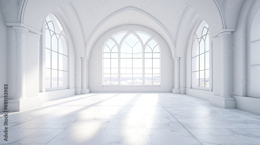 White Large Marble Luxury Interior Room with Sunny Window. AI generative