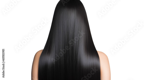 Back View of Woman with Beautiful Shiny Straight Keratin Black Hair. AI generative. Isolated on White Background photo