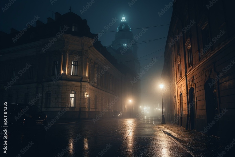 A misty night street with a lamp and a distant building. Generative AI