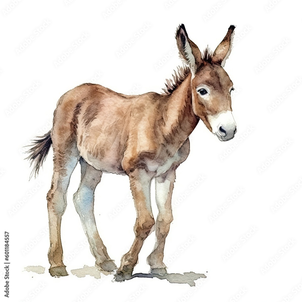 Baby Mule watercolor with ink outline on white background, high detailed (generative AI)