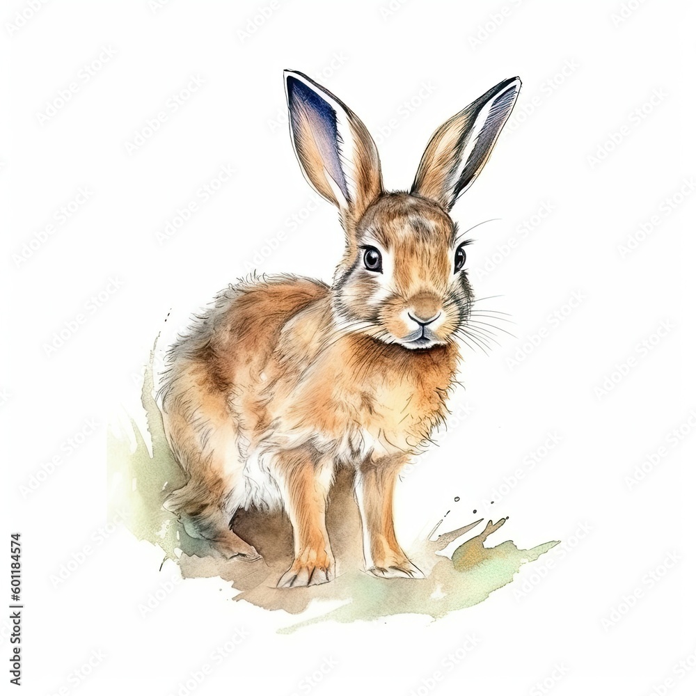 Baby Hare watercolor with ink outline on white background, high detailed (generative AI) Baby Hare watercolor with ink outline on white background, high detailed (generative AI)