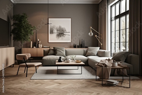 Scandinavian living room with wall mock up in 3D. Generative AI