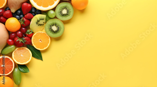 Tropical sliced colorful fruit on yellow colored background top view in flat lay style. Healthy eating backdrop or Summer Sale Banner.  © Got Pink?
