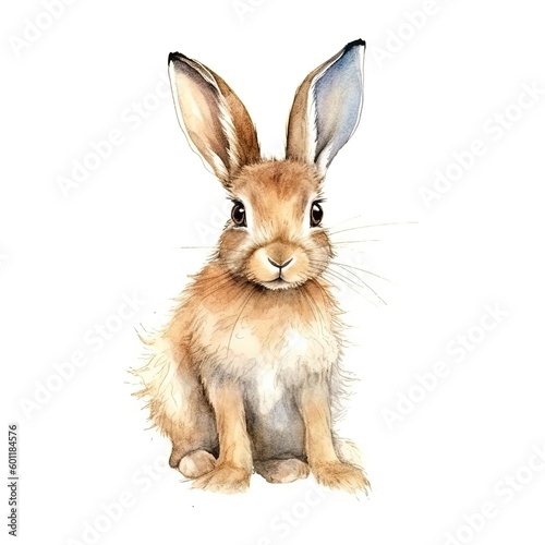 Baby Hare watercolor with ink outline on white background, high detailed (generative AI) © HandmadePictures