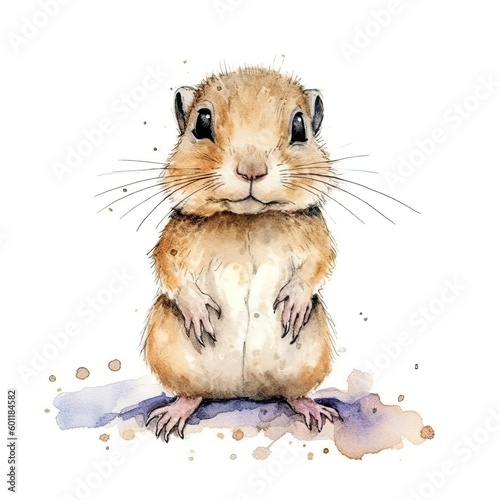 Baby Gopher watercolor with ink outline on white background, high detailed (generative AI)