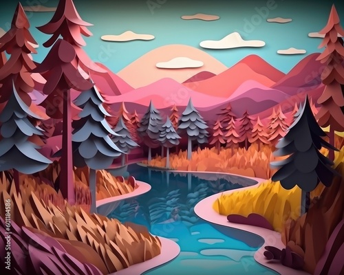 A paper-cut style fantasy landscape of trees  lake and mountains illustrated in 3D.  Generative AI 