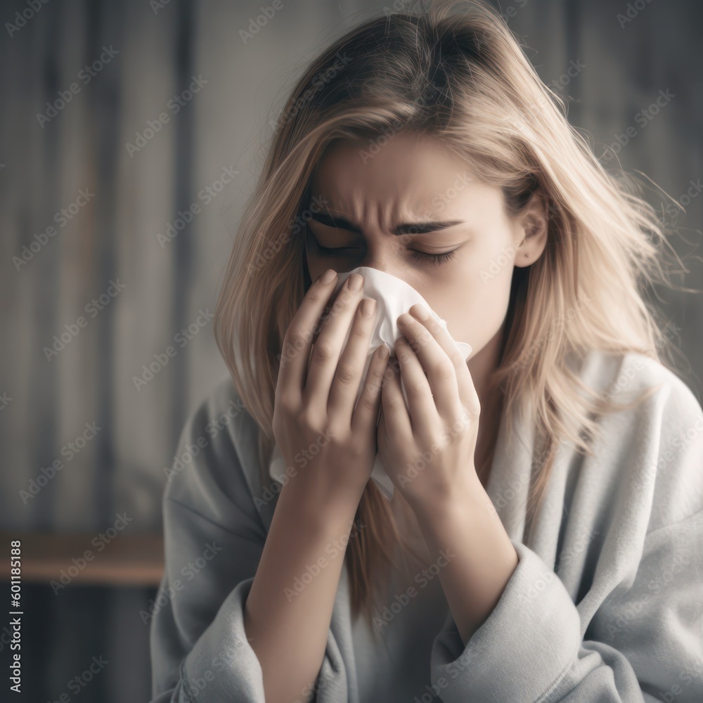 Young woman sick with flu blowing her nose into a paper napkin . generative AI Young woman sick with flu blowing her nose into a paper napkin . generative AI