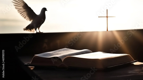 Leinwand Poster Bright sunlight, white dove and bible.