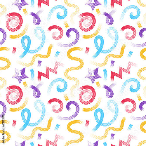 Vector colorful line squiggle seamless pattern. Abstract shapes minimalistic trendy 90s style on white background. Scribble backdrop for wallpaper, print, textile, fabric, wrapping.