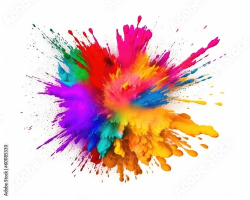 Colorful paint and powder splashes for Holi on a white background create a mix of rainbow colors. (Generative AI)