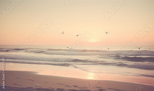  a flock of birds flying over the ocean at sunset or dawn. generative ai