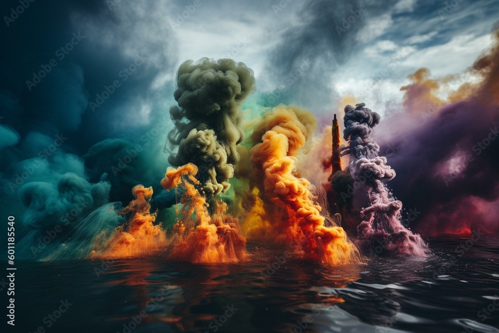 Illustration of climate change with multicolored smoke. Generative AI