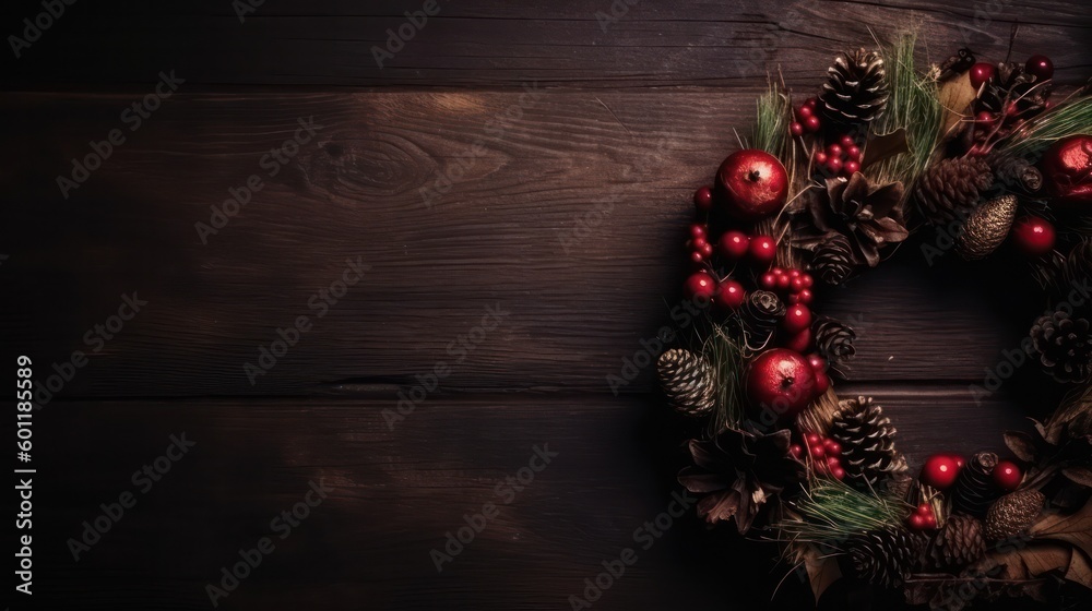 Christmas wreath on wooden background . generative AI Christmas wreath on wooden background . generative AI