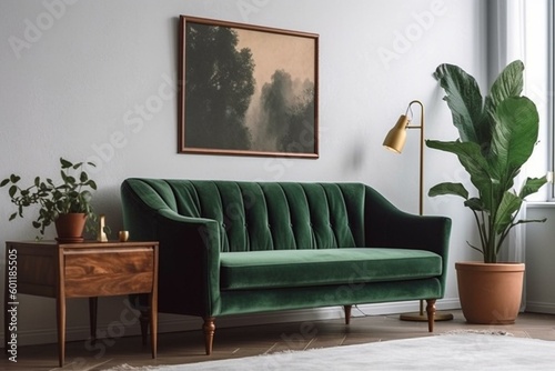 A wooden frame mockup with a green velvet couch, side table, and plants in a living room with an empty white wall. Generative AI