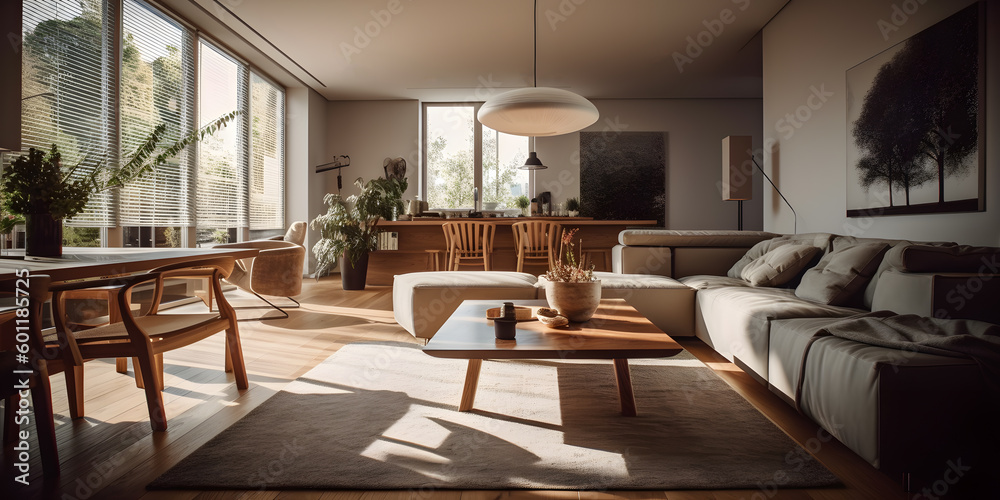 Modern interior design of scandinavian apartment, living room with white sofa over the dark stucco wall. Home interior with window. Generative AI 