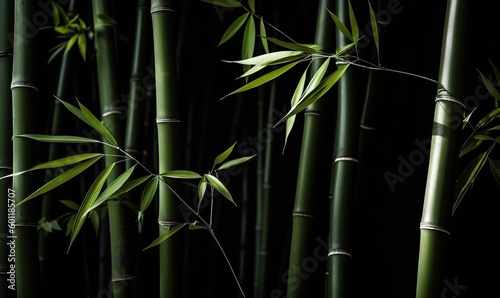  a group of green bamboo trees with leaves on them in the dark.  generative ai © Olga