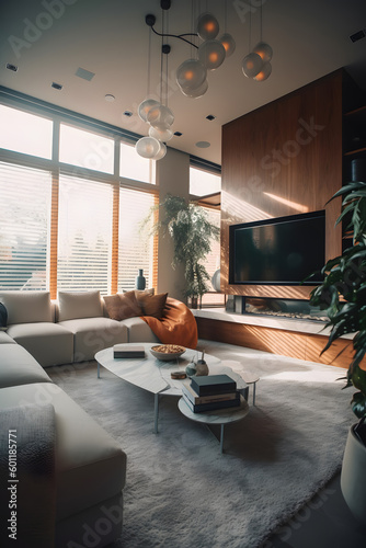 Modern interior design of scandinavian apartment  living room with white sofa over the dark stucco wall. Home interior with window. Generative AI 