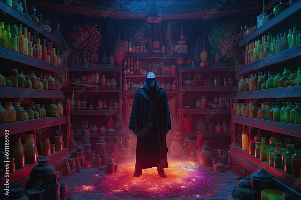Anonymous tall man under a cloak in the mystical potion shop. Generative AI Anonymous tall man under a cloak in the mystical potion shop. Generative AI